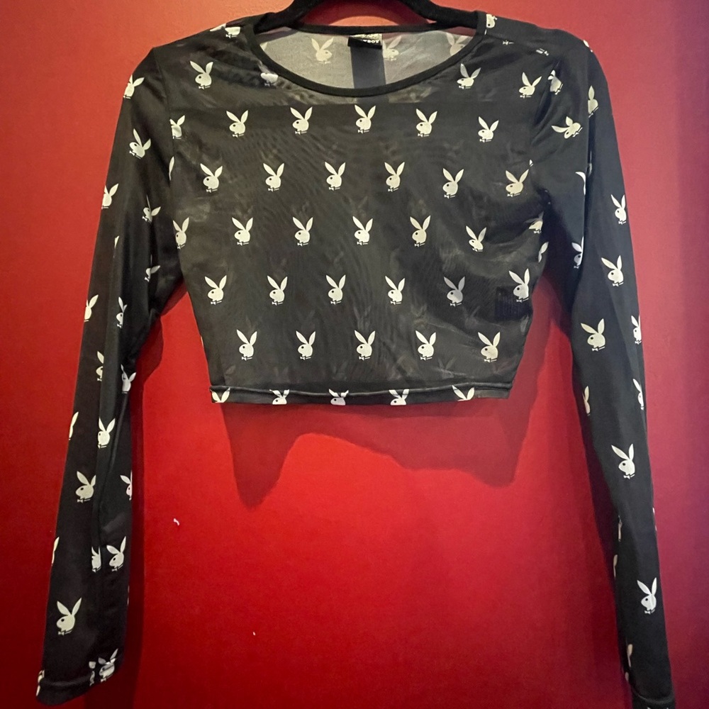 PLAYBOY Black Crop Top with White Bunny Print
